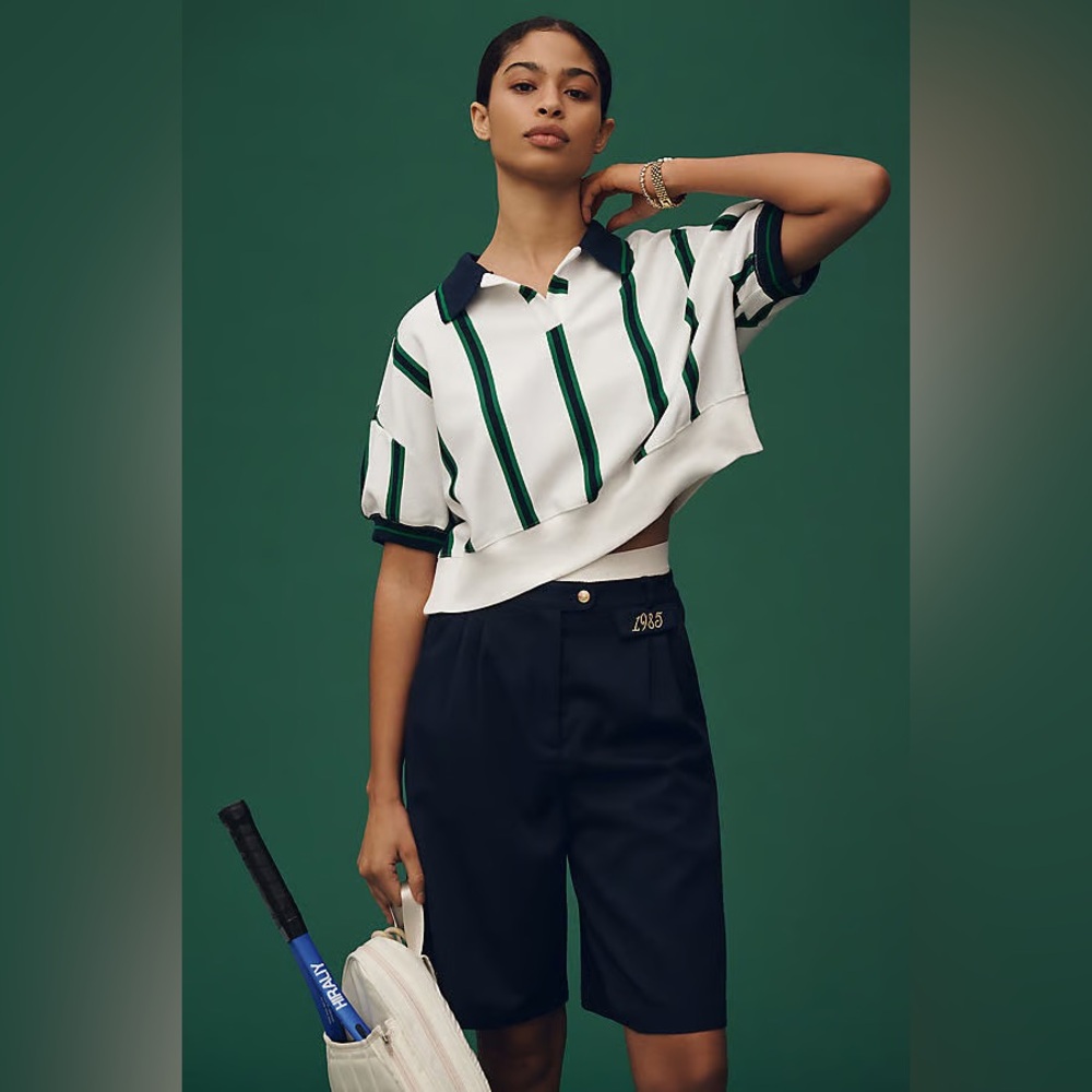 Anthropologie Maeve Sporty Polo Shirt- White Navy Green